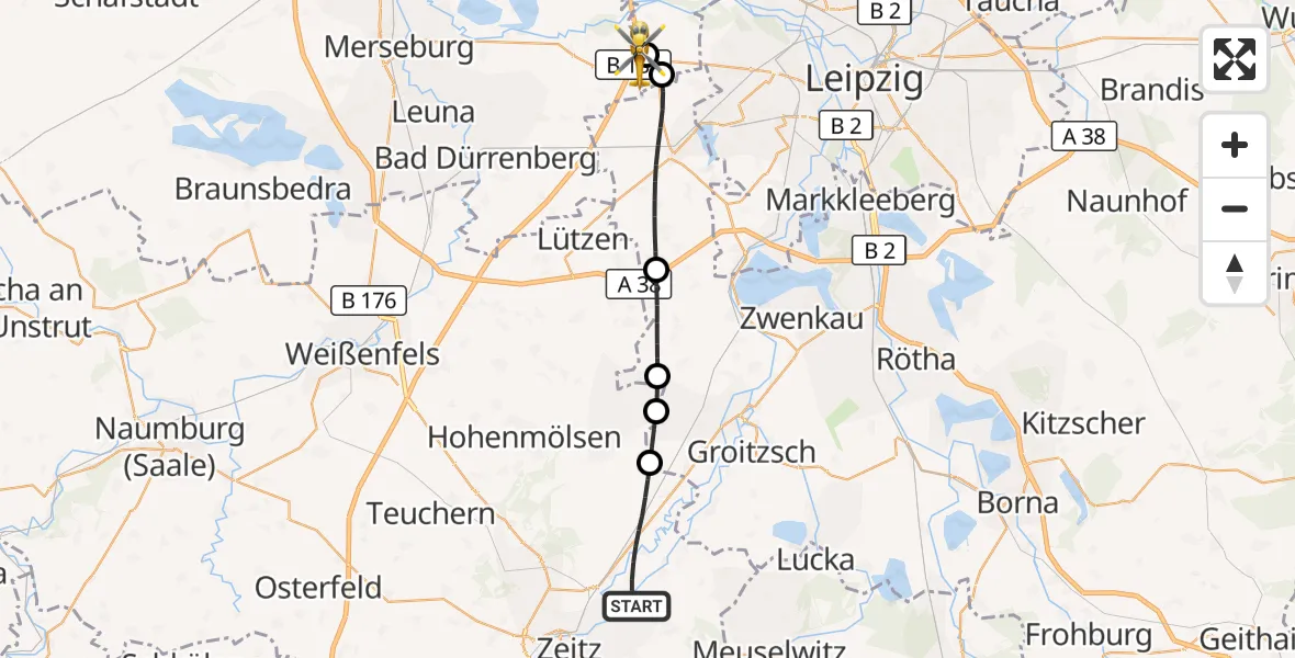 Flugroute Rettungshubschrauber Elsteraue - ADAC Air Rescue Station Leipzig/Schkeuditz-Dölzig Hubschrauberlandeplatz (Christoph 61), 01 September 2026, 15:39