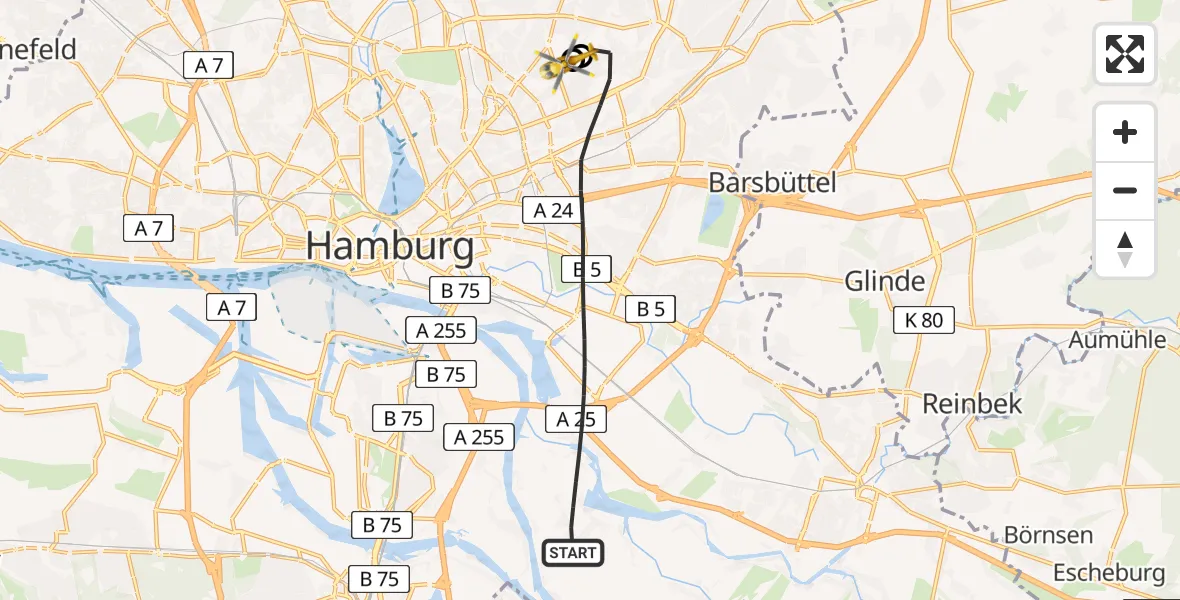 Flugroute Rettungshubschrauber Hamburg - Hamburg Military Hospital, 01 September 2026, 15:45