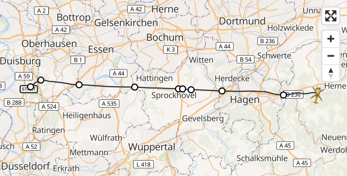 Flugroute Rettungshubschrauber Duisburg Air Rescue Hubschrauberlandeplatz (Christoph 9) - Iserlohn, 01 September 2026, 15:47