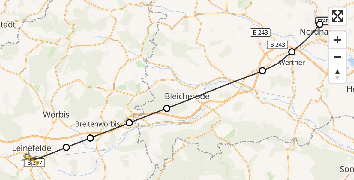 Flugroute Rettungshubschrauber Südharz Hospital Nordhausen - Leinefelde-Worbis, 01 September 2026, 15:50