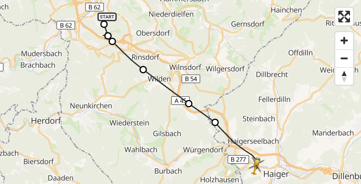 Flugroute Rettungshubschrauber Evangelisches Jung-Stilling Hospital - Haiger, 01 September 2026, 15:50