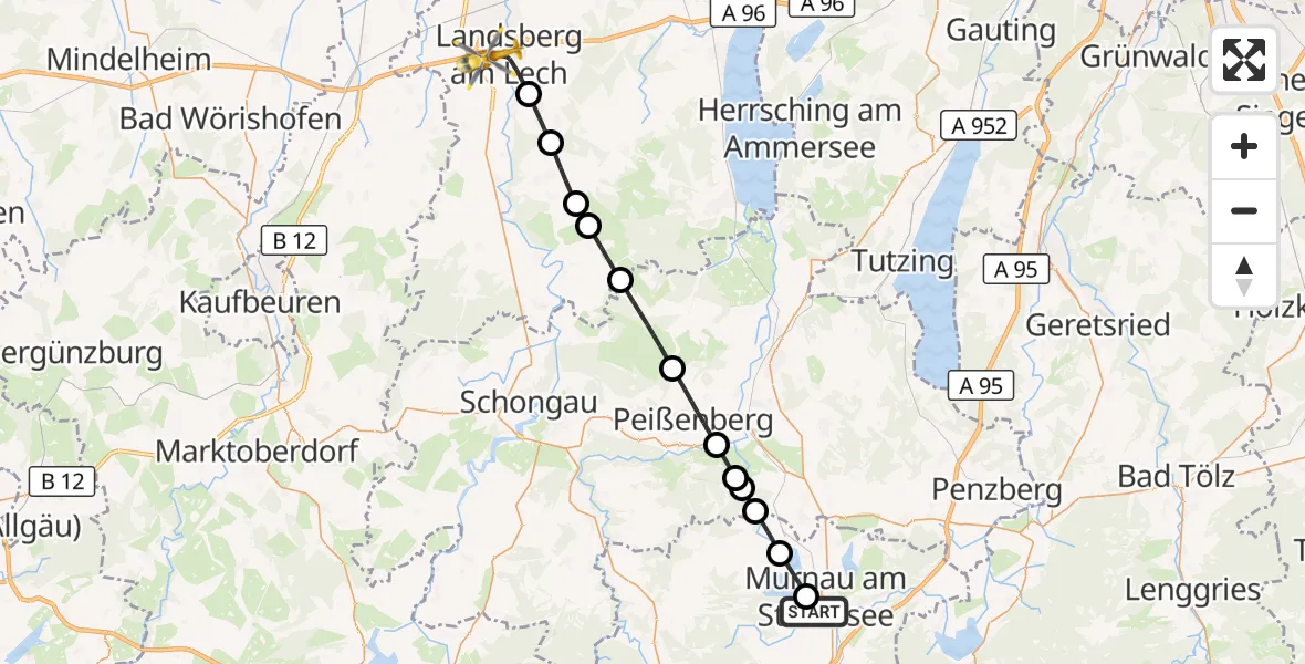 Flugroute Rettungshubschrauber Murnau a.Staffelsee - Landsberg am Lech Hospital, 01 September 2026, 15:52