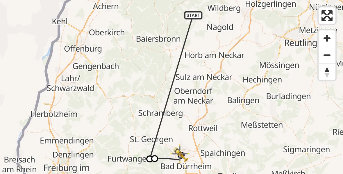 Flugroute Ambulanzhubschrauber Altensteig - DRF Air Rescue Station Villingen-Schwenningen Hubschrauberlandeplatz (Christoph 11), 01 September 2026, 16:03