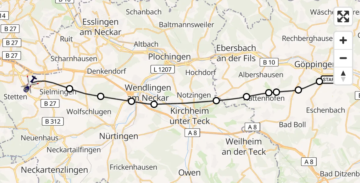Flugroute Polizeihubschrauber Göppingen - Flughafen Stuttgart, 01 September 2026, 16:07