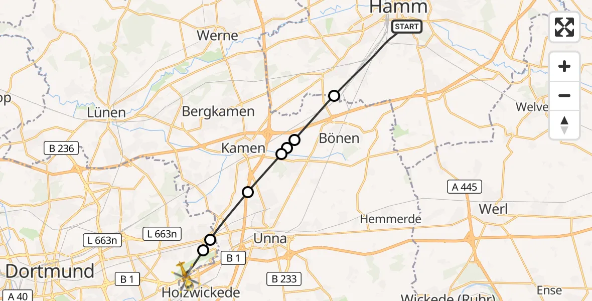 Flugroute Rettungshubschrauber Hamm - Dortmund Flughafen, 01 September 2026, 16:09