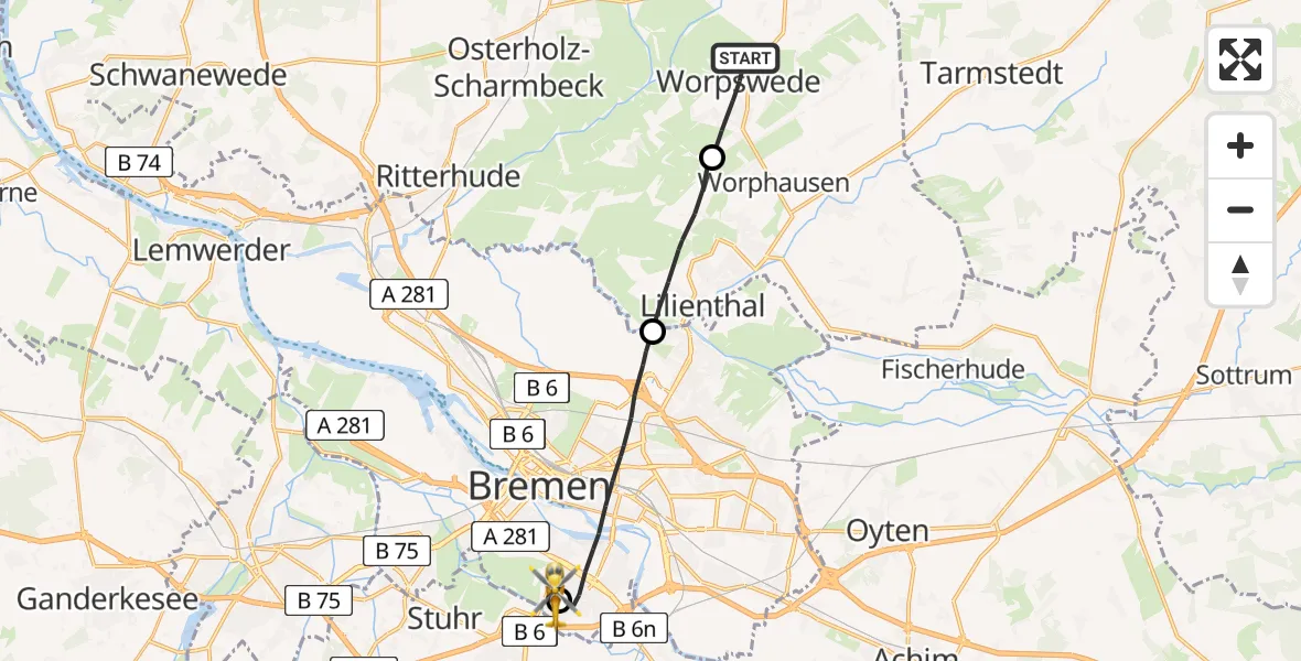 Flugroute Rettungshubschrauber Worpswede - ADAC Air Rescue Station Bremen Hubschrauberlandeplatz (Christoph 6), 01 September 2026, 16:22