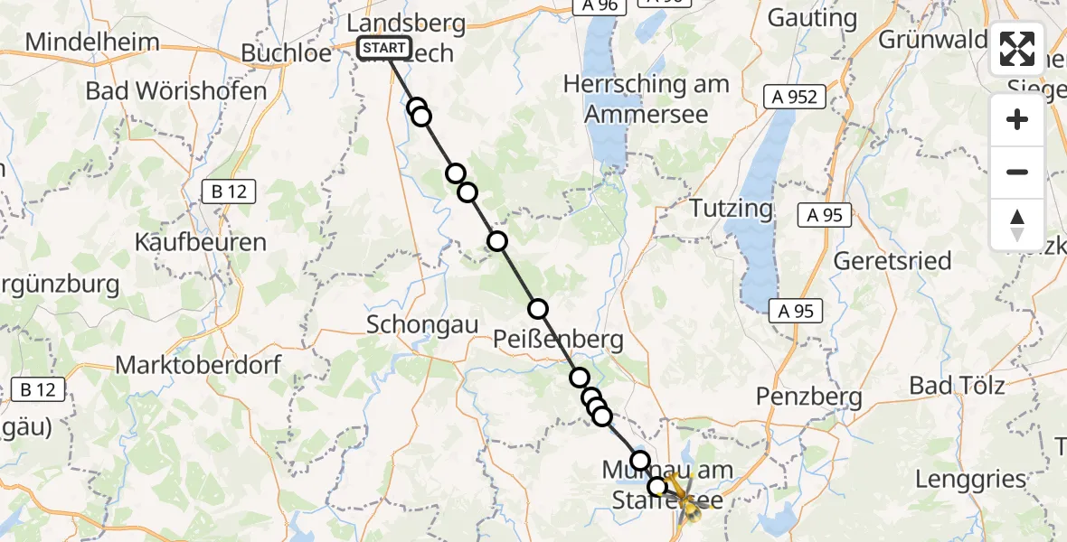 Flugroute Rettungshubschrauber Landsberg am Lech - Murnau a.Staffelsee, 01 September 2026, 16:25