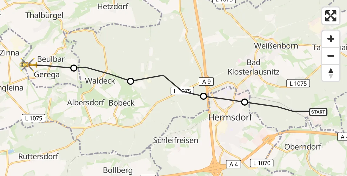 Flugroute Rettungshubschrauber Bad Klosterlausnitz - Bürgel, 01 September 2026, 16:35