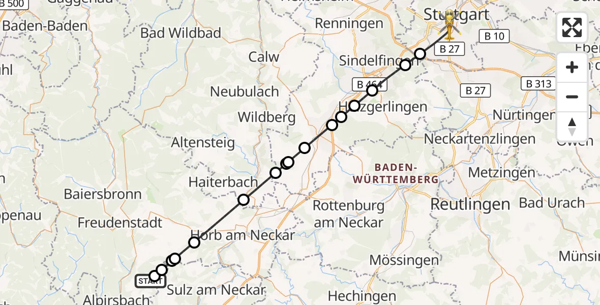 Flugroute Rettungshubschrauber Loßburg - Stuttgart, 01 September 2026, 16:40