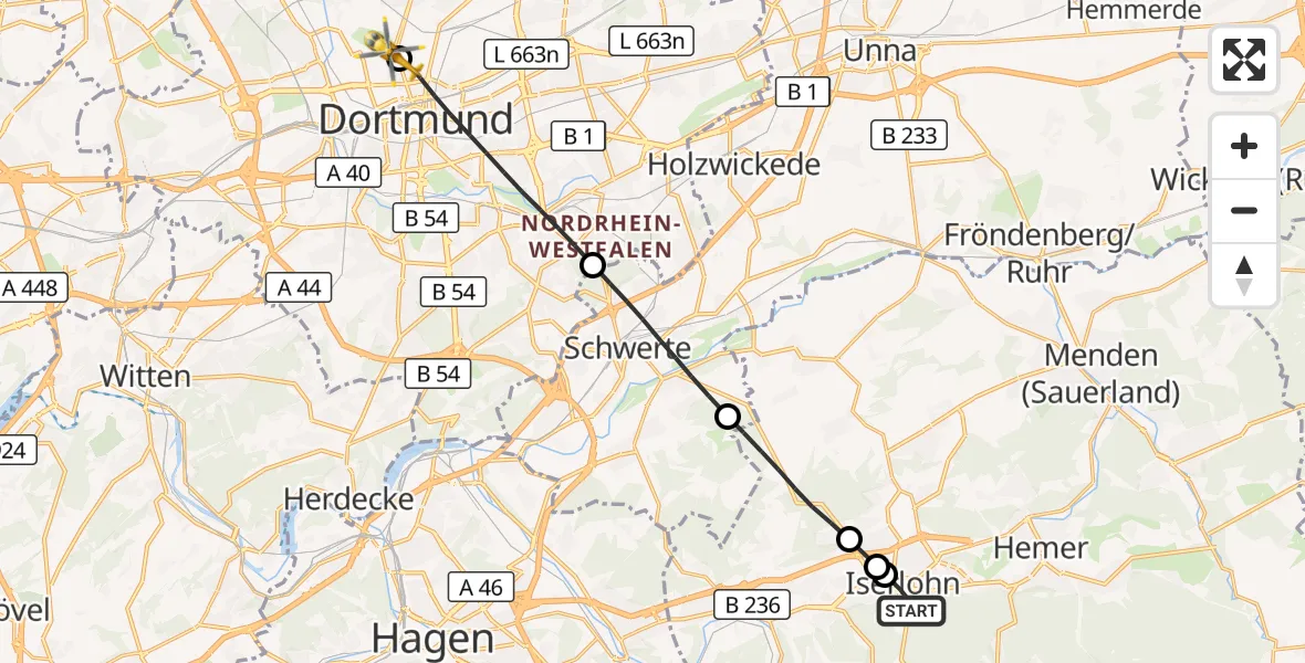 Flugroute Rettungshubschrauber Iserlohn - Dortmund Hospital North, 01 September 2026, 16:43
