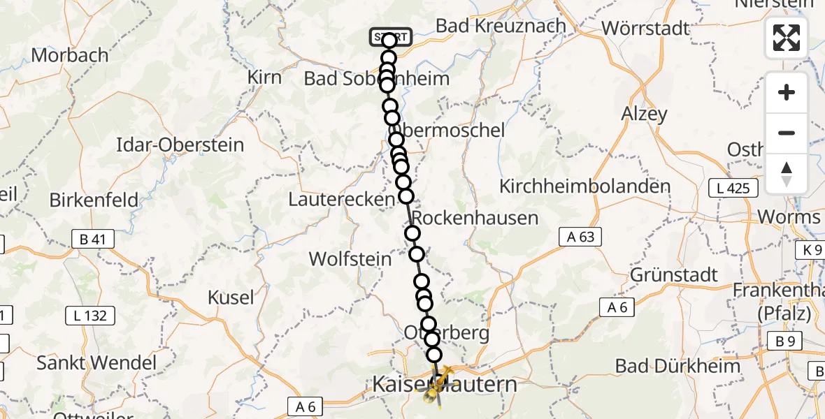 Flugroute Rettungshubschrauber Bockenau - Westpfalz Hospital Kaiserslautern, 01 September 2026, 16:48