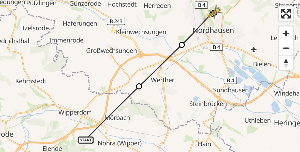 Flugroute Rettungshubschrauber Bleicherode - Südharz Hospital Nordhausen, 01 September 2026, 16:56
