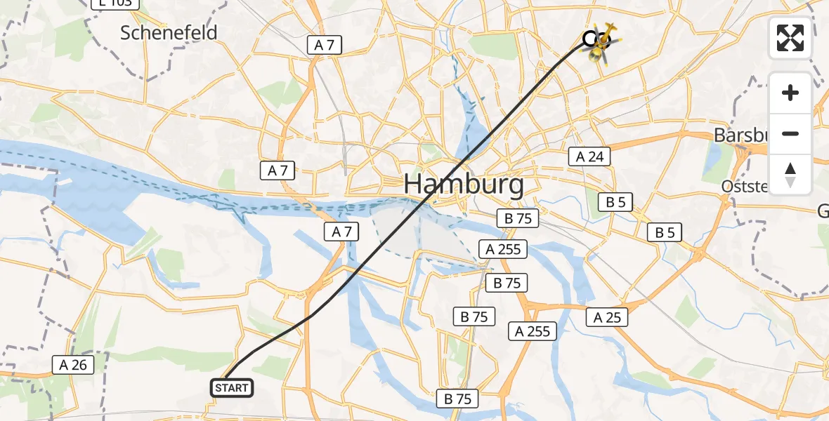 Flugroute Rettungshubschrauber Hamburg - Hamburg Military Hospital, 01 September 2026, 17:01