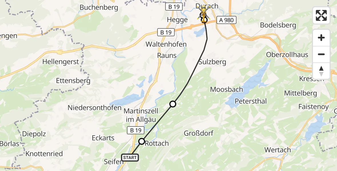 Flugroute Rettungshubschrauber Rettenberg - Kempten-Durach Flugplatz, 01 September 2026, 17:02