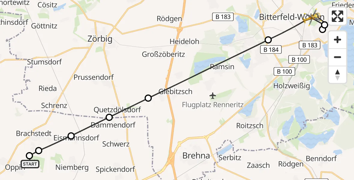 Flugroute Rettungshubschrauber Halle-Oppin Flugplatz - Bitterfeld-Wolfen, 01 September 2026, 17:09