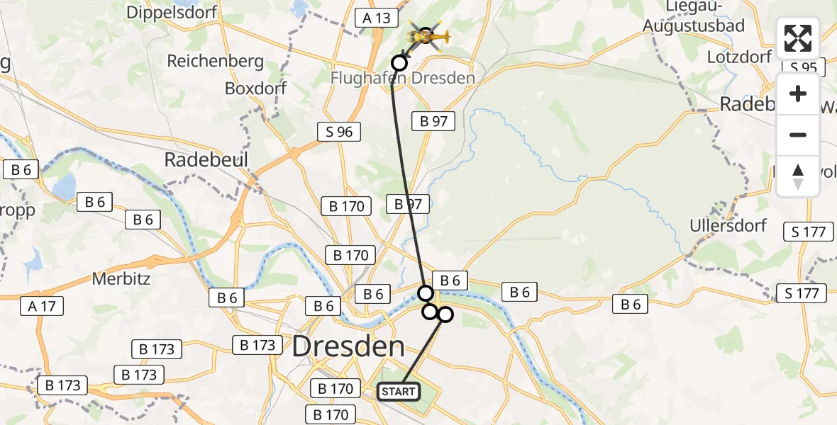 Flugroute Rettungshubschrauber Dresden - Dresden Bundespolizei Hubschrauberlandeplatz, 01 September 2026, 17:10