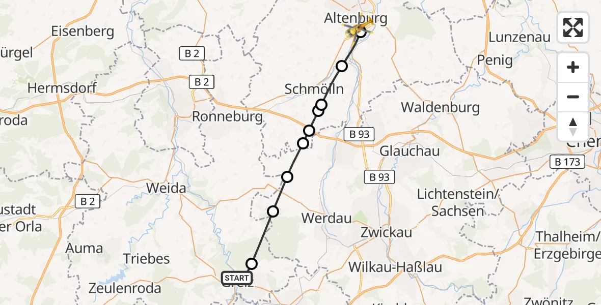 Flugroute Ambulanzhubschrauber Greiz - Altenburg, 01 September 2026, 17:10