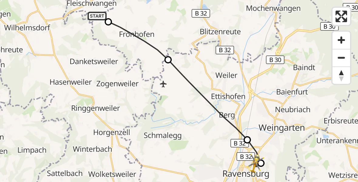 Flugroute Rettungshubschrauber Fleischwangen - Sankt Elisabeth Hospital, 01 September 2026, 17:16