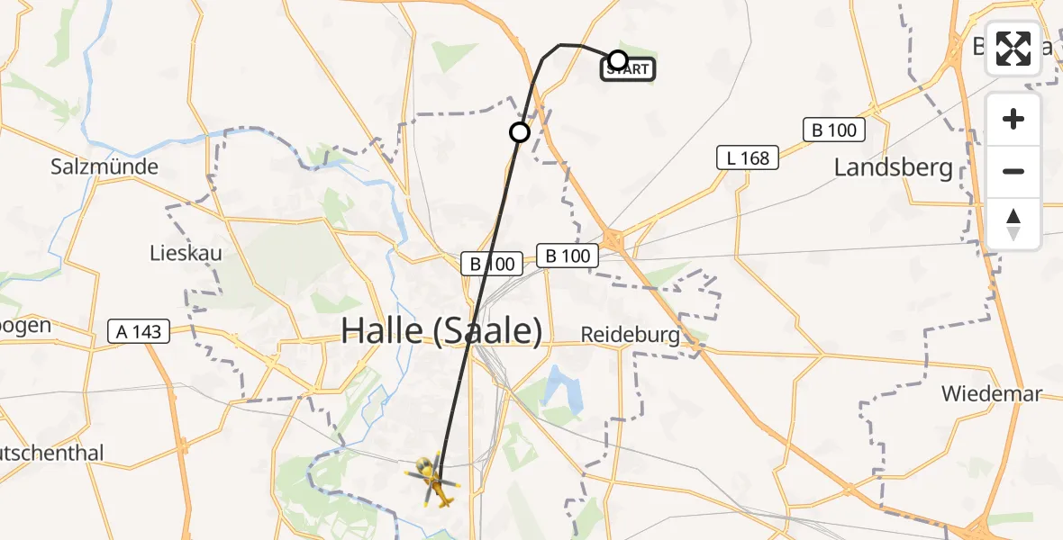 Flugroute Rettungshubschrauber Halle-Oppin Flugplatz - Halle (Saale), 01 September 2026, 17:19