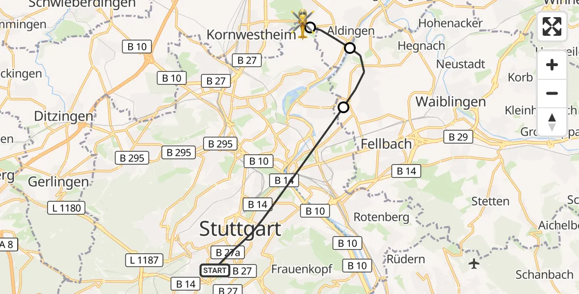 Flugroute Rettungshubschrauber Stuttgart - Pattonville Flugplatz, 01 September 2026, 17:23