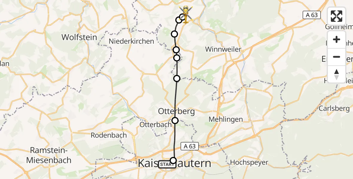 Flugroute Rettungshubschrauber Westpfalz Hospital Kaiserslautern - Rockenhausen, 01 September 2026, 17:24