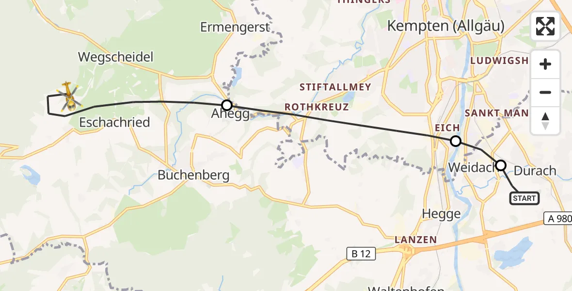 Flugroute Rettungshubschrauber Kempten-Durach Flugplatz - Buchenberg, 01 September 2026, 17:32
