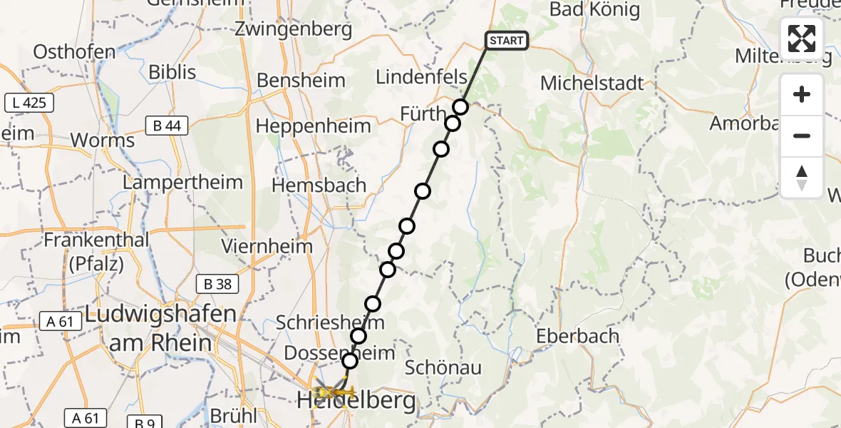 Flugroute Rettungshubschrauber Reichelsheim (Odenwald) - Heidelberg, 01 September 2026, 17:43