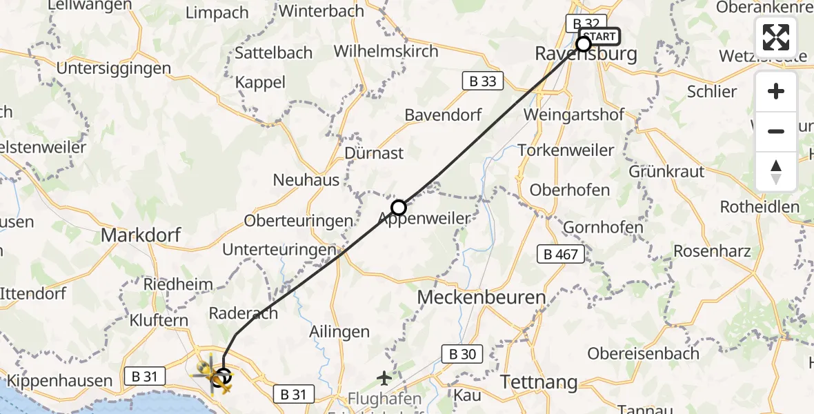 Flugroute Rettungshubschrauber Sankt Elisabeth Hospital - Friedrichshafen Hospital, 01 September 2026, 17:52