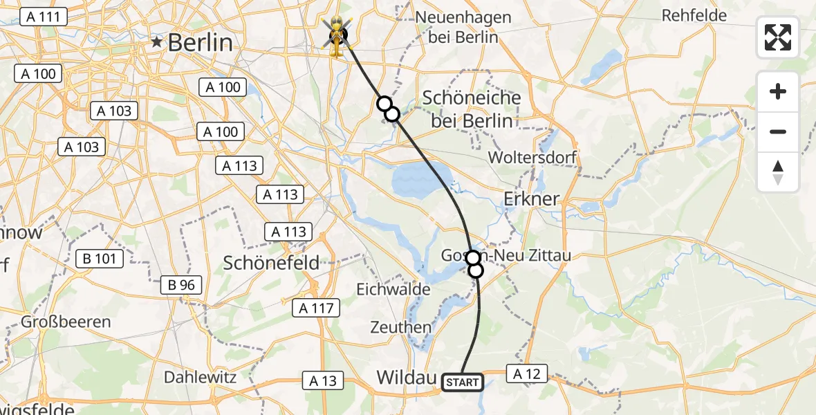 Flugroute Rettungshubschrauber Königs Wusterhausen - Berlin Emergency Hospital, 01 September 2026, 17:59