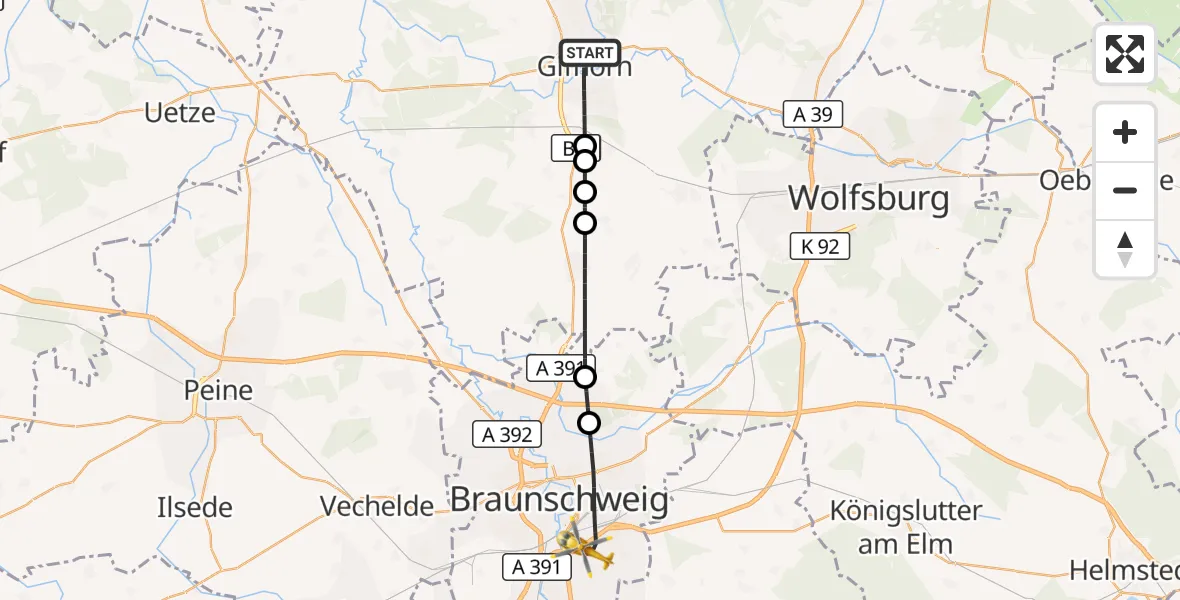 Flugroute Rettungshubschrauber Gifhorn - Braunschweig, 01 September 2026, 18:02