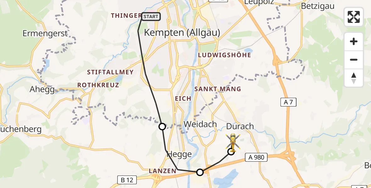 Flugroute Rettungshubschrauber Kempten (Allgäu) - Kempten-Durach Flugplatz, 01 September 2026, 18:21