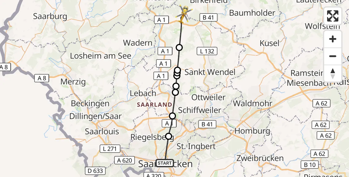 Flugroute Rettungshubschrauber Saarbrücken - Nohfelden, 01 September 2026, 18:21