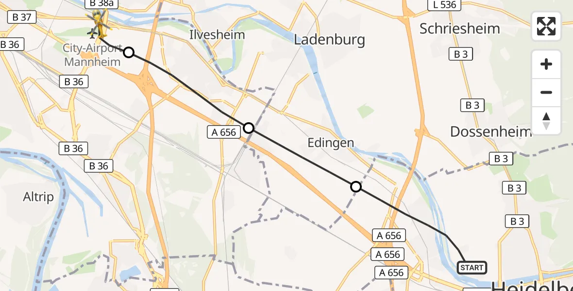 Flugroute Rettungshubschrauber Heidelberg - Mannheim-City Flughafen, 01 September 2026, 18:21