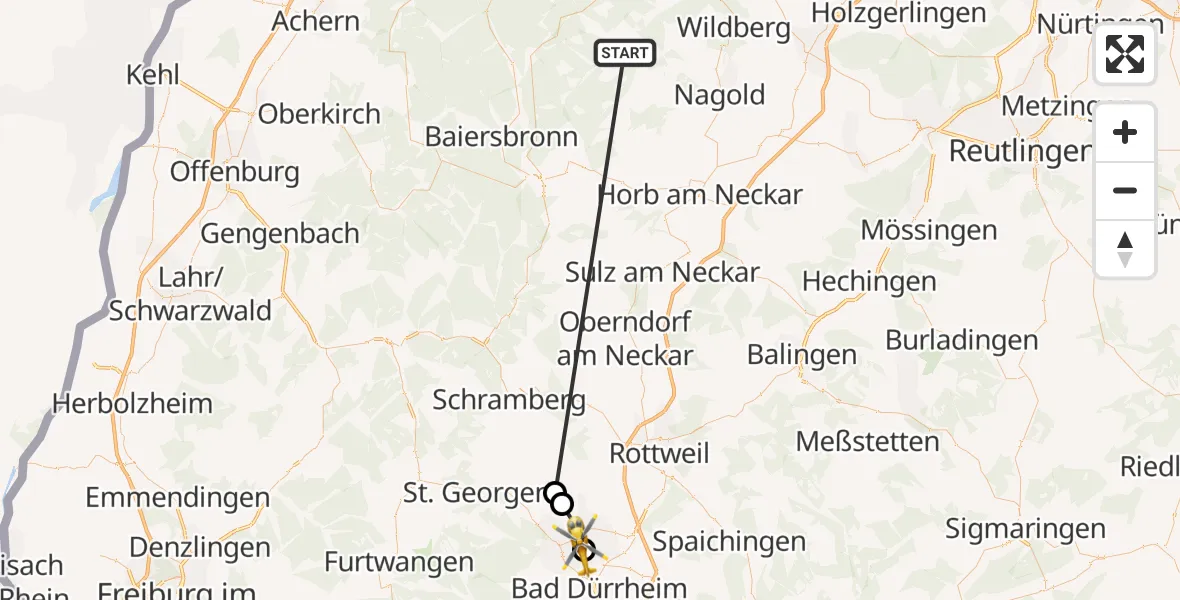 Flugroute Ambulanzhubschrauber Altensteig - DRF Air Rescue Station Villingen-Schwenningen Hubschrauberlandeplatz (Christoph 11), 01 September 2026, 18:21