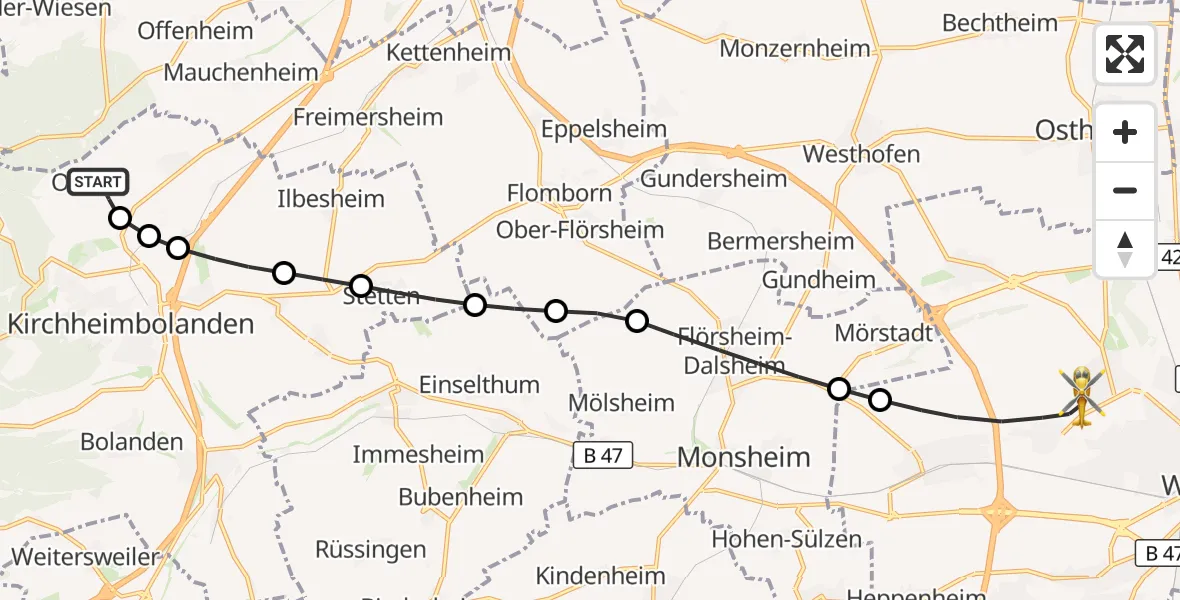 Flugroute Rettungshubschrauber Orbis - Worms, 01 September 2026, 18:22