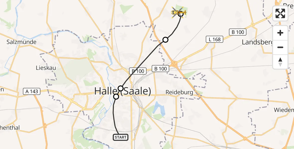 Flugroute Rettungshubschrauber Halle (Saale) - Halle-Oppin Flugplatz, 01 September 2026, 18:26