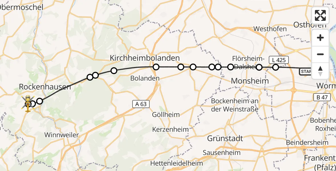 Flugroute Rettungshubschrauber Worms - Rockenhausen, 01 September 2026, 18:44