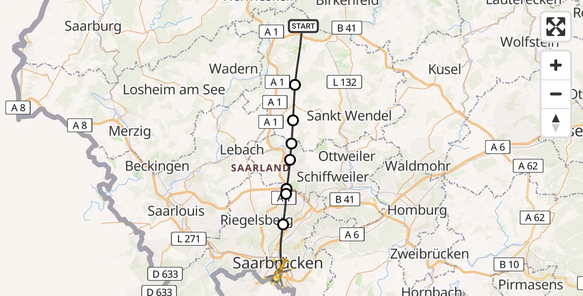 Flugroute Rettungshubschrauber Nohfelden - Saarbrücken, 01 September 2026, 18:55