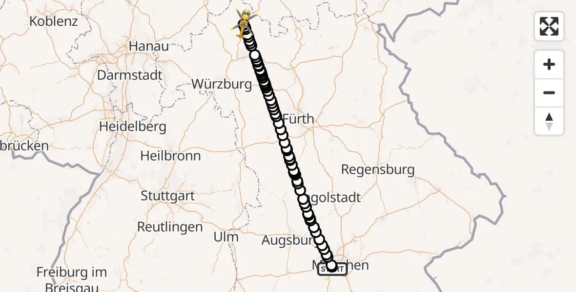 Flugroute Rettungshubschrauber DRF Air Rescue München Hubschrauberlandeplatz - Bad Neustadt an der Saale Hospital, 01 September 2026, 18:58