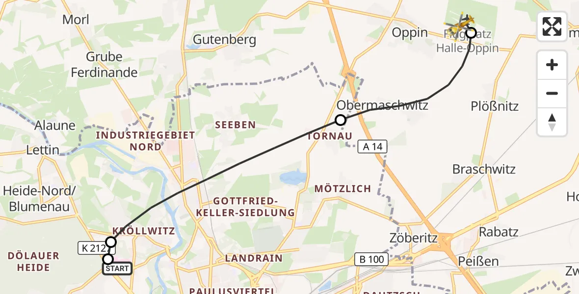 Flugroute Rettungshubschrauber Halle (Saale) University Hospital - Halle-Oppin Flugplatz, 01 September 2026, 19:04