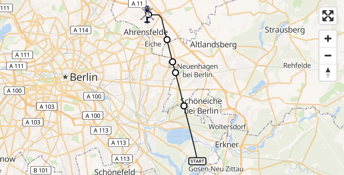 Flugroute Polizeihubschrauber Berlin - Ahrensfelde Hubschrauberlandeplatz, 01 September 2026, 19:04