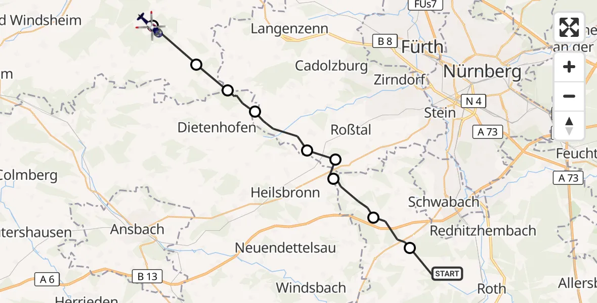 Flugroute Polizeihubschrauber Büchenbach - Markt Erlbach, 01 September 2026, 19:31