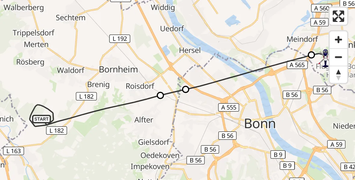 Flugroute Polizeihubschrauber Bornheim - Sankt Augustin, 01 September 2026, 19:41
