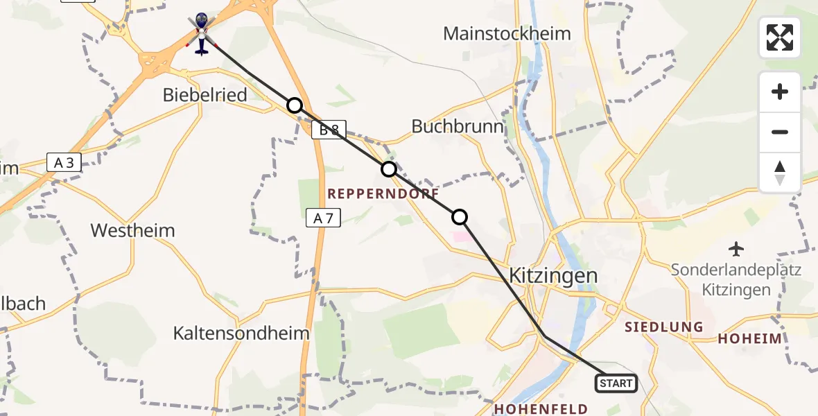 Flugroute Polizeihubschrauber Kitzingen - Biebelried, 01 September 2026, 19:55