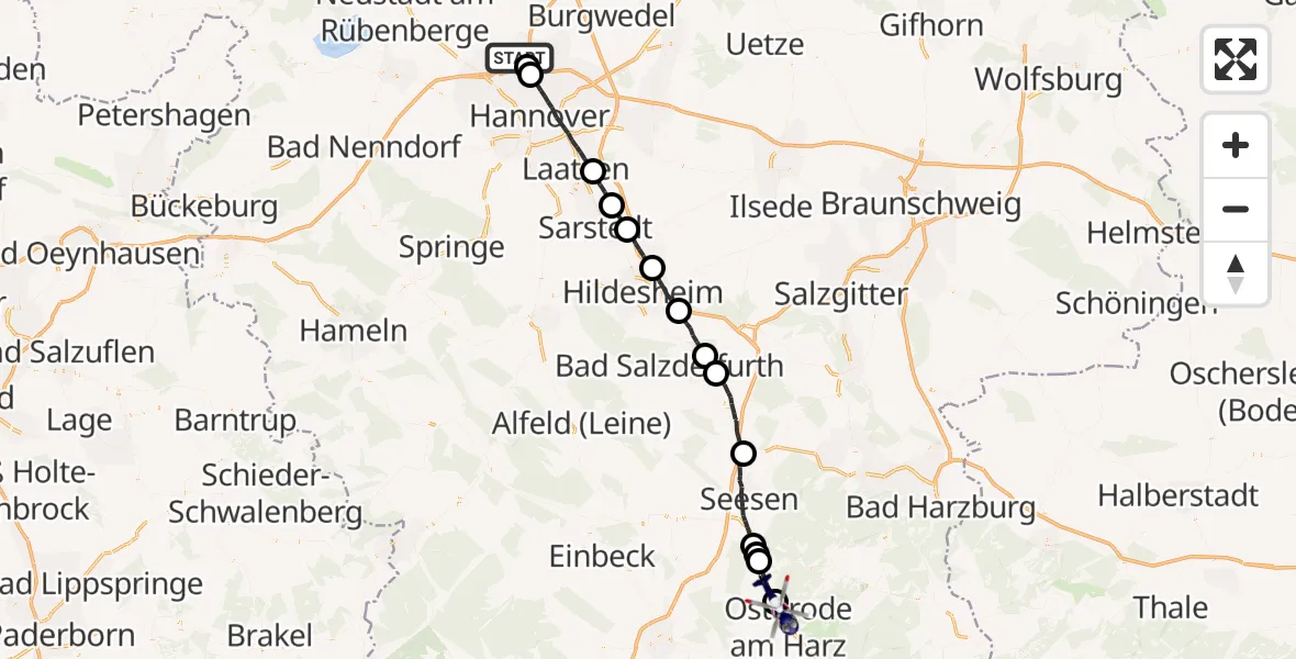 Flugroute Polizeihubschrauber Flughafen Hannover - Osterode am Harz, 01 September 2026, 20:28