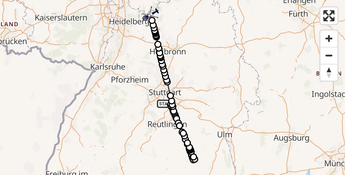 Flugroute Polizeihubschrauber Flughafen Stuttgart - Eberbach, 01 September 2026, 21:02