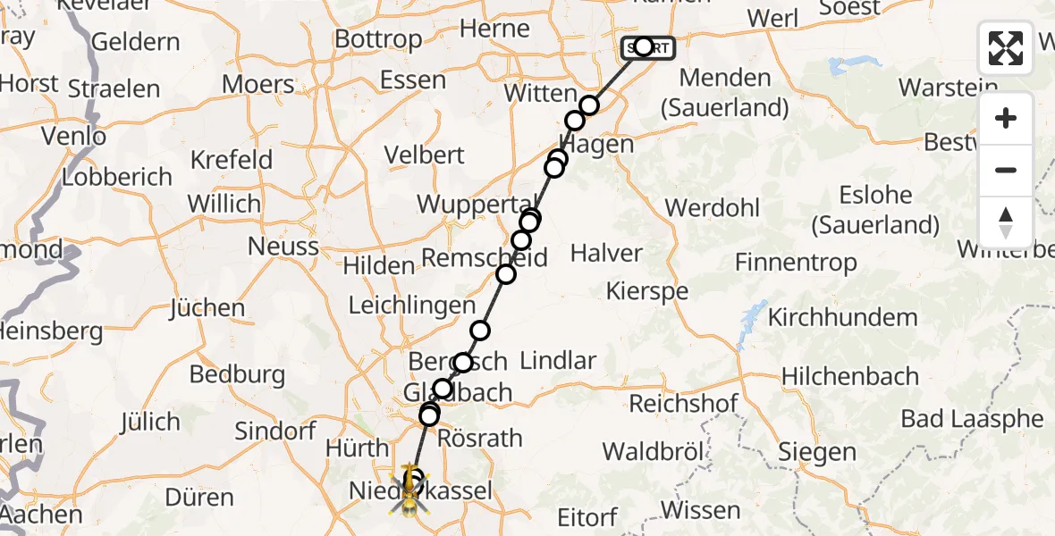 Flugroute Rettungshubschrauber Dortmund Flughafen - Wesseling, 01 September 2026, 21:47