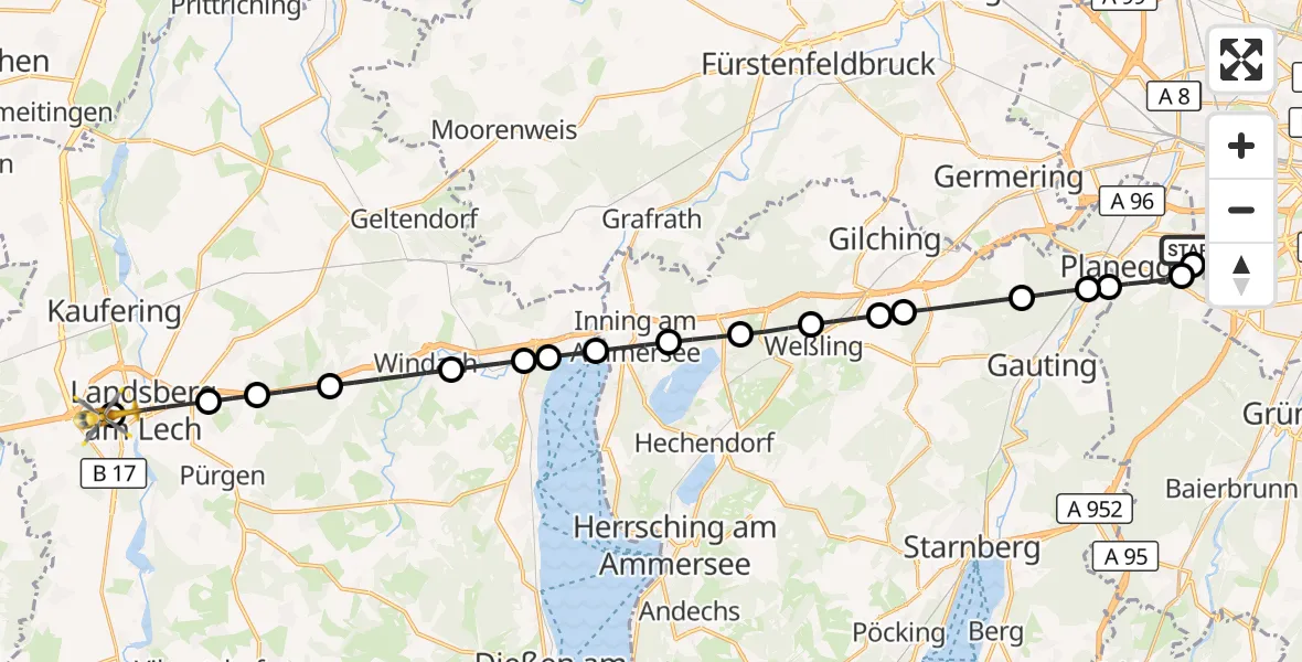 Flugroute Rettungshubschrauber DRF Air Rescue München Hubschrauberlandeplatz - Landsberg am Lech Hospital, 01 September 2026, 22:32