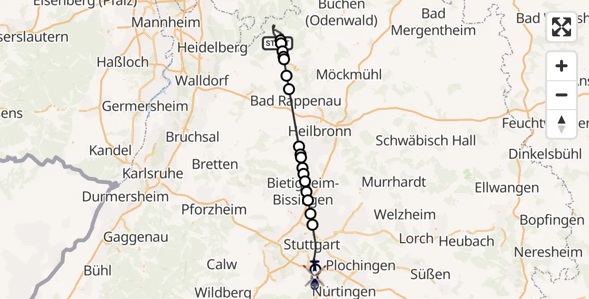 Flugroute Polizeihubschrauber Eberbach - Flughafen Stuttgart, 01 September 2026, 22:37