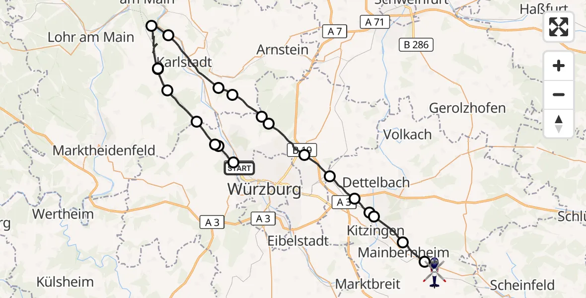 Flugroute Polizeihubschrauber Veitshöchheim - Markt Einersheim, 01 September 2026, 22:46